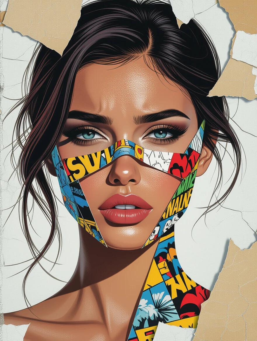 Beautiful woman with an intense gaze and emotional expression. Realistic portrait with a comic book collage mask over the face and neck. Torn comic textures and marvel-style fragments; peeling comic paper layers create a surreal contrast. Bold colors showcase high detail skin texture, with hyperrealistic eyes and smooth lighting. Centered composition is a fine art illustration.