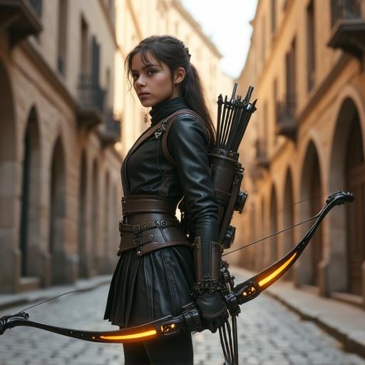 High school girl archer stands in a medieval stone city street. She wears a blazer-inspired jacket with armor parts, pleated skirt, and durable boots. A high-tech energy bow with glowing bowstring is held in her hand. A quiver rests on her back. The scene features ancient cobblestone streets under morning sunlight. Her expression is calm and determined. The image blends uniform style and medieval setting with futuristic technology.