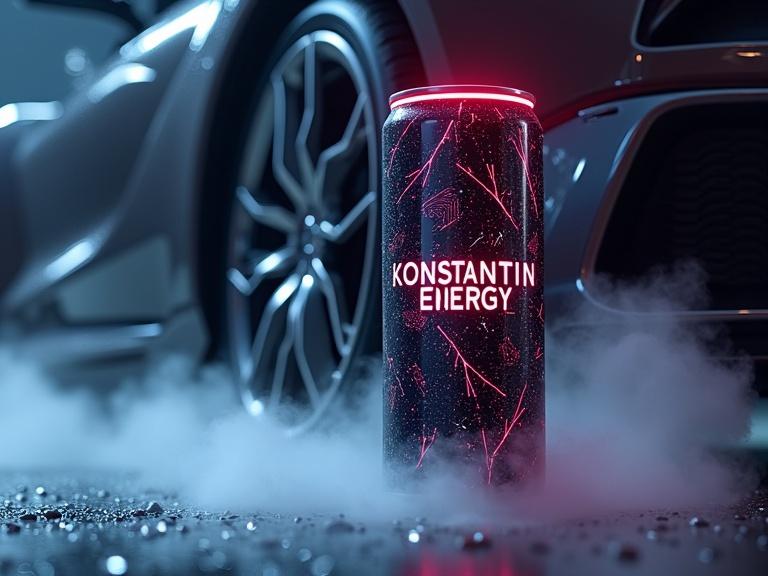 Futuristic energy drink can mockup labeled 'KONSTANTIN ENERGY'. Can features electric circuit design with lightning effects. Set against a backdrop of a sleek car close-up. Fog and drops on can. Dramatic low angle view with an epic and dynamic atmosphere.