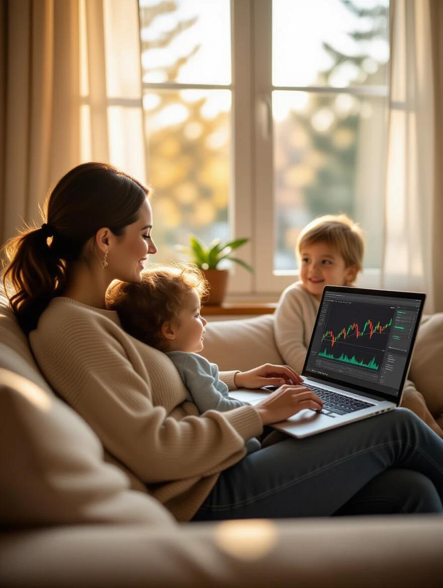 Mexican mother sitting on a couch using a laptop. The laptop displays financial charts. Child plays near the window. Warm afternoon sunlight illuminates the scene. Soft background enhances emotional realism.