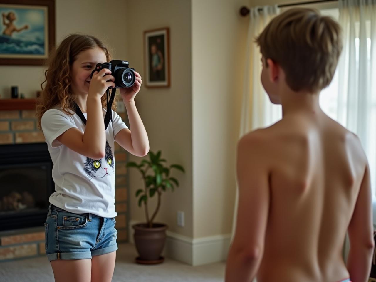 A young girl taking a photo of a boy indoors, with natural lighting and household decor visible.