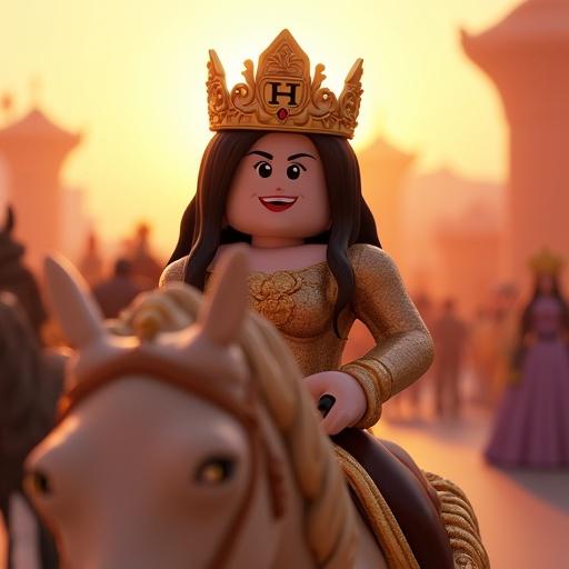 Royal and futuristic female Roblox avatar rides digital horse in sunset parade. Wears golden tiara with Hermès ‘H’ logo. Dreamlike scene with warm colors.