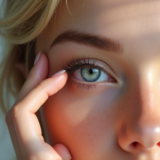 Highly detailed digital painting. Young blond woman. Flawless skin and long eyelashes. Eyes closed with well-defined eyebrows. Finger touching corner of closed eye. Neatly manicured nail. Soft glow and subtle lighting. Hyper-realistic texture and intricate details.
