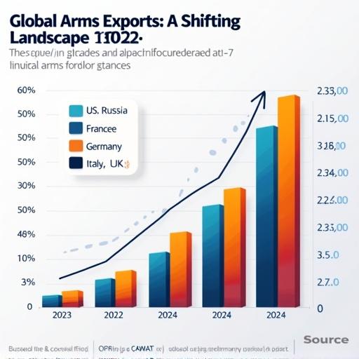 Create an infographic with a dual bar chart titled 'Global Arms Exports: A Shifting Landscape (2022 vs. 2024)'. Compare top countries' shares of arms exports for 2022 and 2024. Use distinct colors for each year. Highlight US dominance, Russia's decline, and increase in global trade volume and European imports. Include source note based on SIPRI and CAWAT data, clean modern design, showing upward trend in 3D bar graph format.