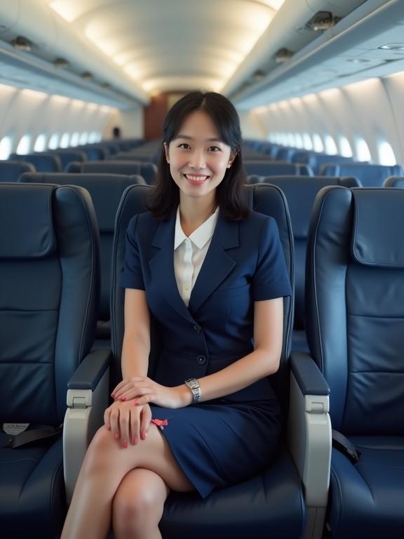 A short Chinese flight attendant sits confidently in an airplane seat. She has black hair and wears a navy blue uniform with a white blouse. The interior has organized rows of seats.