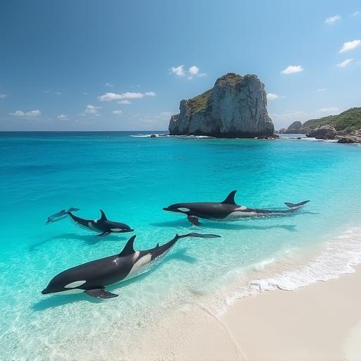 A paradise island with tall coconut trees turquoise waters white sand beaches. A group of orcas seen attacking something in the water.