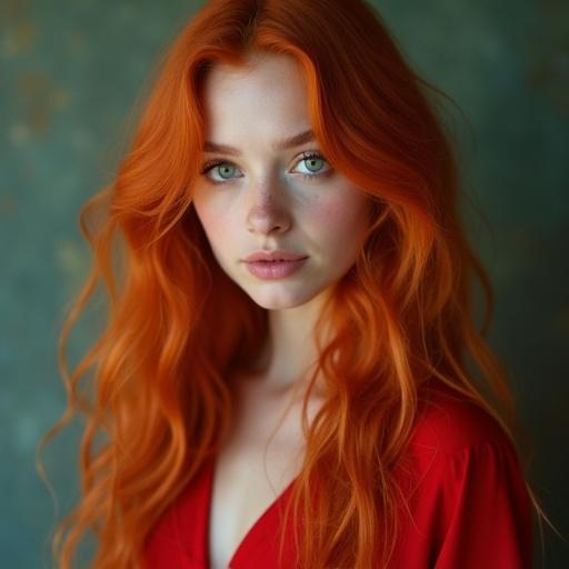 17 year old woman with long orange wavy hair and cat eyes wearing a red dress with green blue eyes