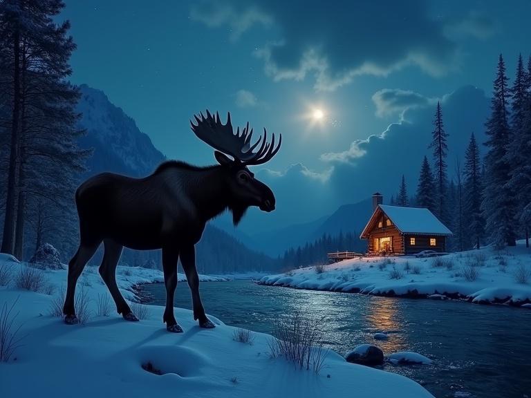 Moose stands in a snowy valley near a river at night. Cabin in distance with light in window. Dark sky with clouds, stars, and a falling star. Photographic quality, romantic moonlight lighting.