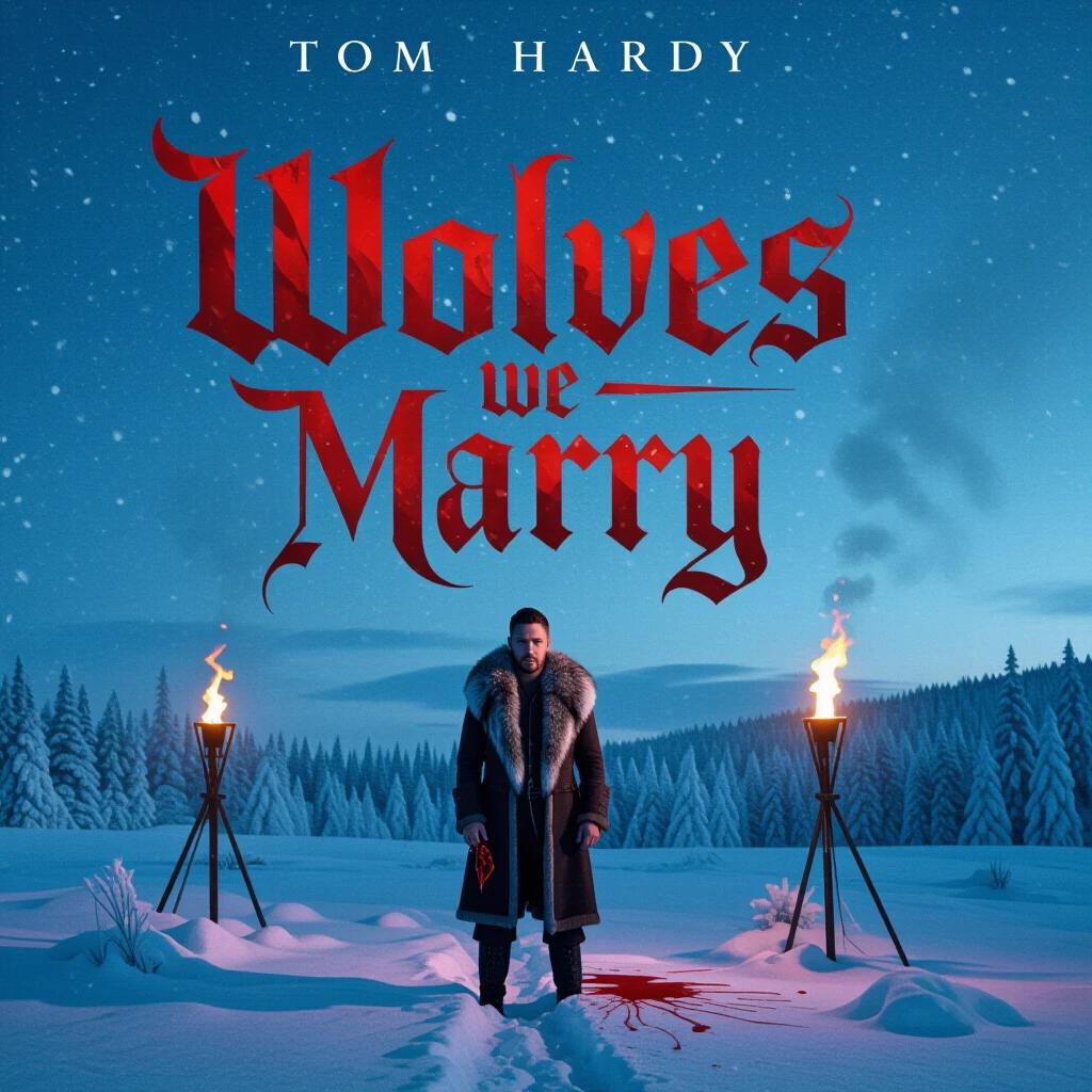 Movie poster for Wolves We Marry featuring Tom Hardy. The title is in Gothic red calligraphy against a fur background. Tom Hardy stands in snow wearing a fur coat. Blood on wedding ring. Blue dawn light contrasts with warm torch glows.