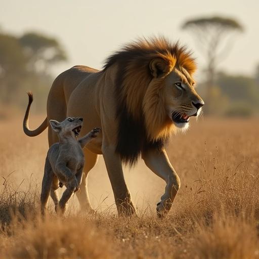 A lion with its cub walking in the African savanna. The scene shows them in a natural habitat surrounded by tall grass and trees.
