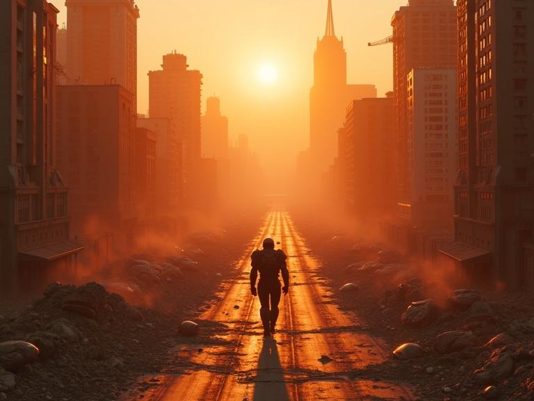 A devastated post-apocalyptic megacity at sunset. Collapsed skyscrapers line the street. Broken highways and burning vehicles scattered among heavy rubble. An armored humanoid figure walks slowly down the cracked central street. Hyper-realistic cinematic scene captured with high-end camera equipment.