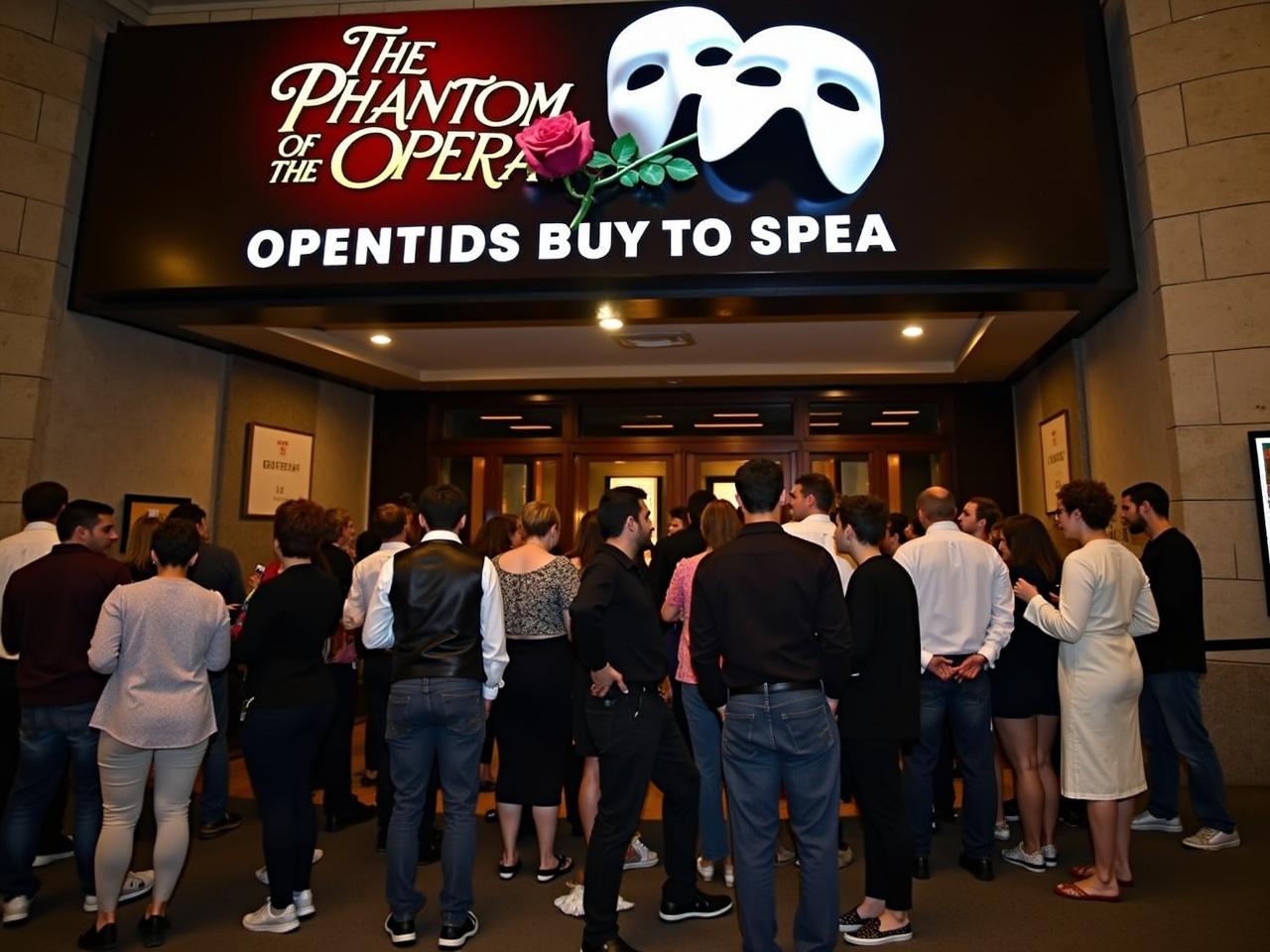 The image shows a group of people in front of a theater, specifically the venue for 'Phantom of the Opera.' There is a sign above the entrance displaying the show’s title along with a mask and a rose. The crowd outside the theater appears to be excited, with several people queuing. Some individuals are dressed in casual clothing, while others may be more formal, indicating a night out. The setting looks lively, reflecting the anticipation of attending a theatrical performance.