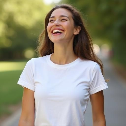 A woman wearing a basic white t-shirt is laughing outdoors. She appears cheerful and relaxed, suitable for showcasing t-shirt designs.