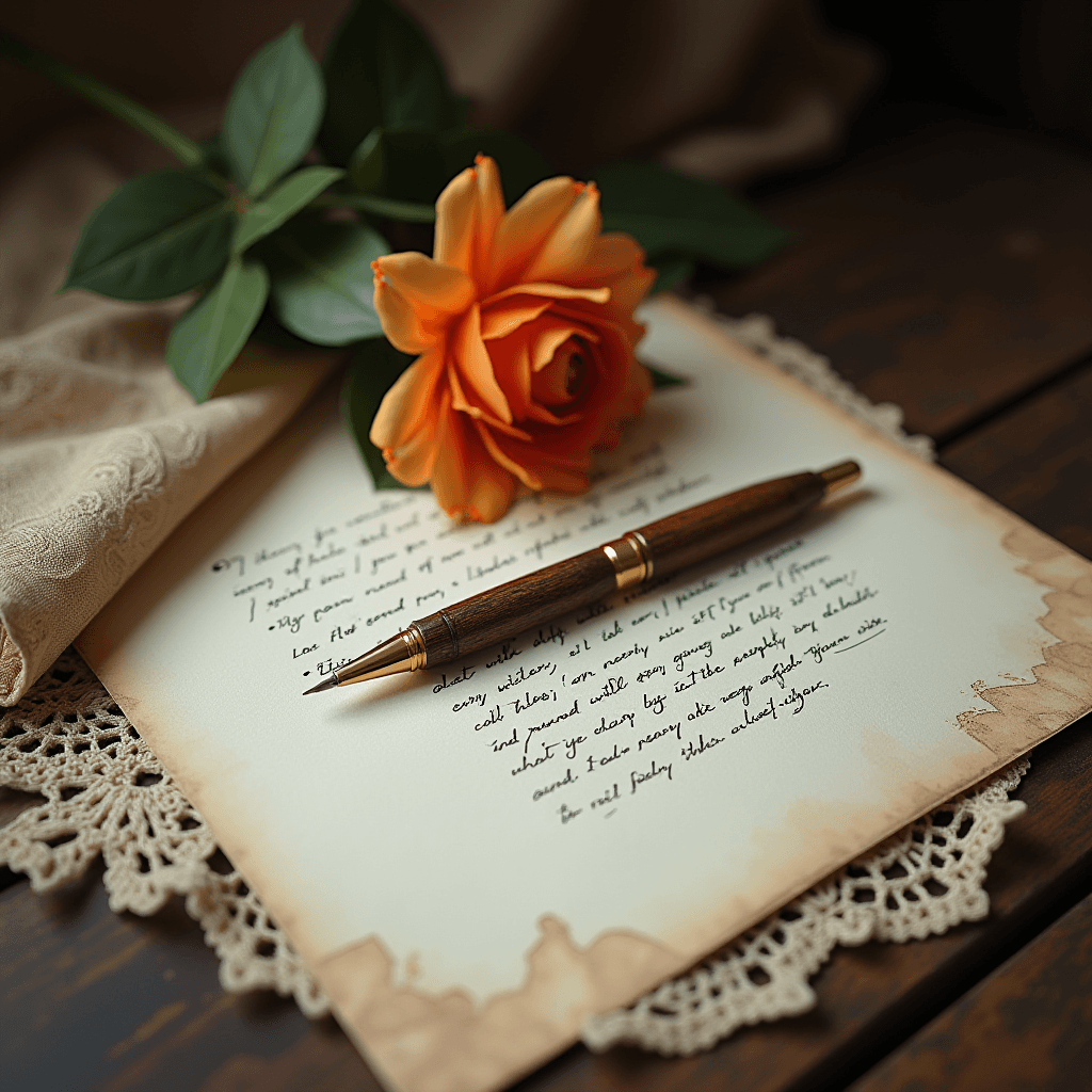 A wooden fountain pen rests on a handwritten letter with burnt edges, accompanied by a vibrant orange rose and lace embellishments.