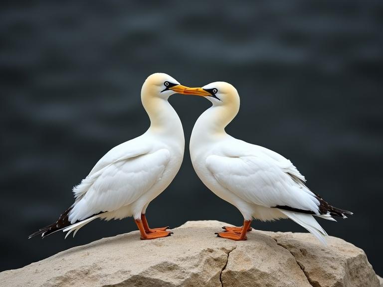 Photograph of two large white seabirds with yellow and black beaks. Birds are on rocky surface against dark gray background. They face each other with beaks nearly touching. One bird has wings partially spread. Other bird's wings are folded. The rocky surface is beige and textured. Composition highlights elegance and feather contrast.