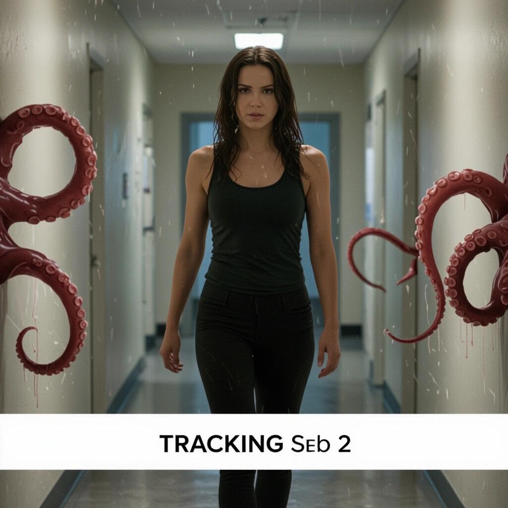 Mid-range tracking shot of woman walking down a corridor. Tentacle-like forms in the periphery. Tense expression on her face. Sounds of dripping water. Controlled breathing. Dimly lit environment.