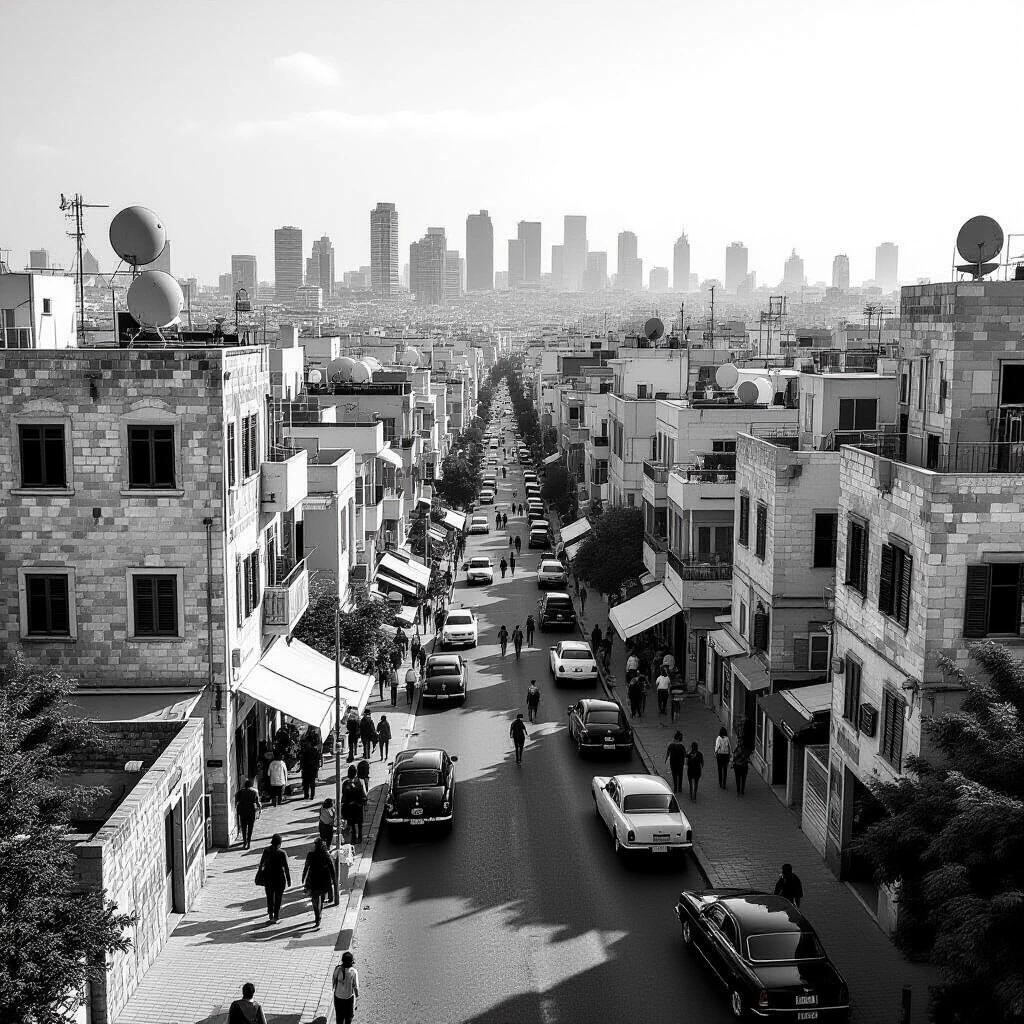 Vintage photograph of Tel Aviv city view. Image taken with a classic camera. Black and white tones dominate the scene. The city skyline is visible in the background. People walking along the street. Classic cars parked along the roadside. Captured from an elevated angle for a comprehensive view.