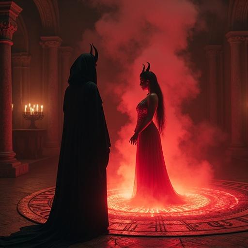 Veiled female summoner stands at edge of ancient summoning circle. Heavy gothic robe embroidered with arcane symbols. Translucent veil hides expression. Power channeled through ritual. Glowing red runes pulse with dark energy. In response, seductive female demon materializes in burst of crimson light. Embodiment of temptation with sculpted body and smooth skin. Golden glowing eyes and wicked smile. Twin black horns and flowing hair with faint embers. Infernal outfit with glowing runes. Tension between summoner and demon in dark fantasy setting.