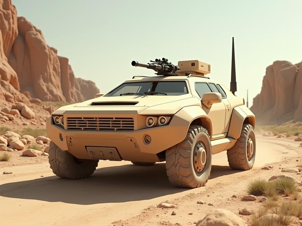 Image of a sleek, light beige sci-fi military APC vehicle with a top-mounted gun. Setting in a sunlit desert with stone city ruins. Features include dust, realistic details, and textures.