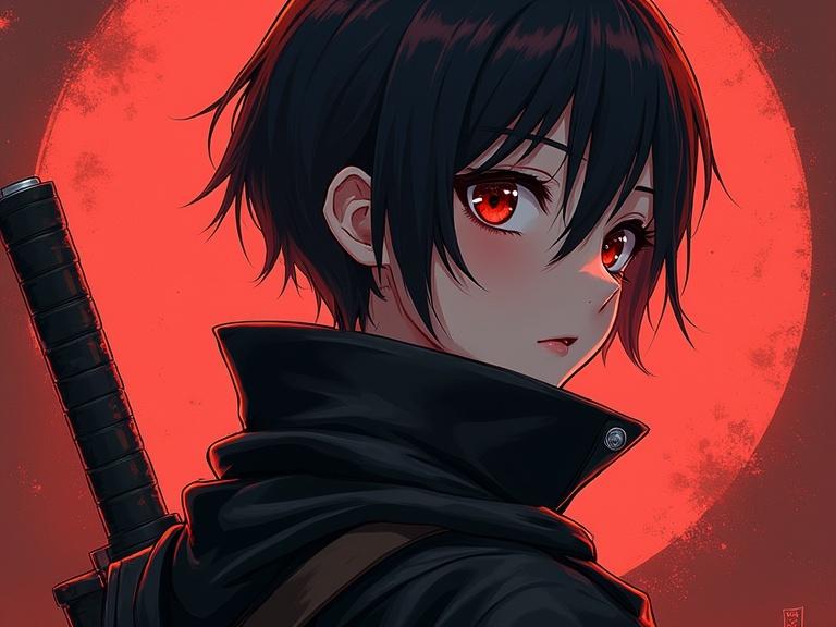Anime character featuring a cute boy in a ninja outfit with short hair. The character has red eyes and a dramatic red background. Depicts a cool and stylish aesthetic with a hint of a dark theme.