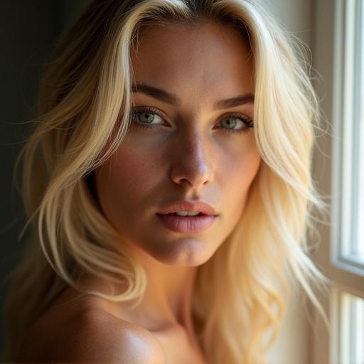 Beautiful blonde woman illuminated by natural light with soft golden hair. Posed near a window with a blurred background. Focus on allure and elegance.