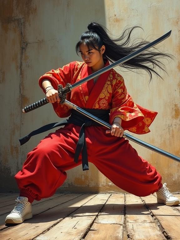 A low-angle shot captures a female samurai in an aggressive stance with two swords. She wears a red kimono adorned with gold patterns and loose red pants. Her sneakers add a modern touch. The samurai's hair flows dramatically. The background features a textured wall and wooden floor. The style resembles oil painting with visible brushstrokes and emphasizes movement and power.
