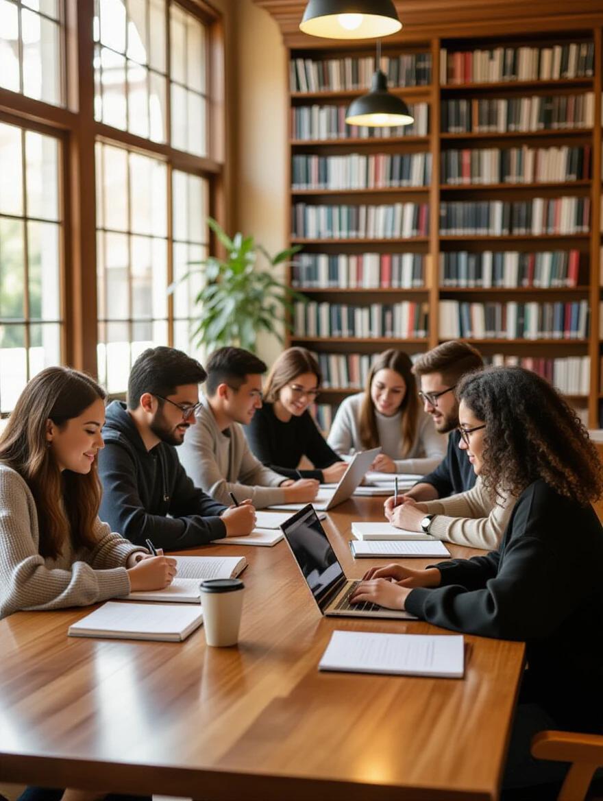 Group of university students in library working at wooden table. Students focused on books and laptops. Bookshelves in background. Bright natural light from windows. Warm tones, clean atmosphere, studious vibe.