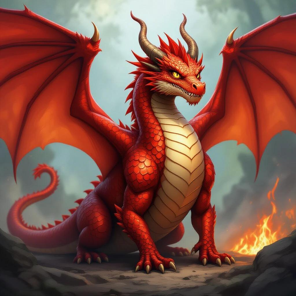 Full-bodied dragon stands majestically amidst a forest setting. It features vibrant red scales with golden underbelly. Wings are large and stretched wide, showcasing fine details. Background contains misty ambiance with hints of fire smoke.