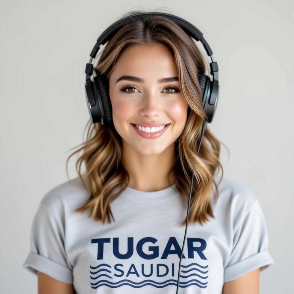 Young woman centered in the image wearing black headphones. She has shoulder-length light brown hair styled in loose waves. Gray t-shirt displays navy blue graphic design with text 'TUGAR SAUDI'. Friendly and approachable expression. Mid-chest up perspective. Dark gray wall background with gold trim slightly out of focus. Neutral muted colors. Casual yet professional style suitable for customer service.