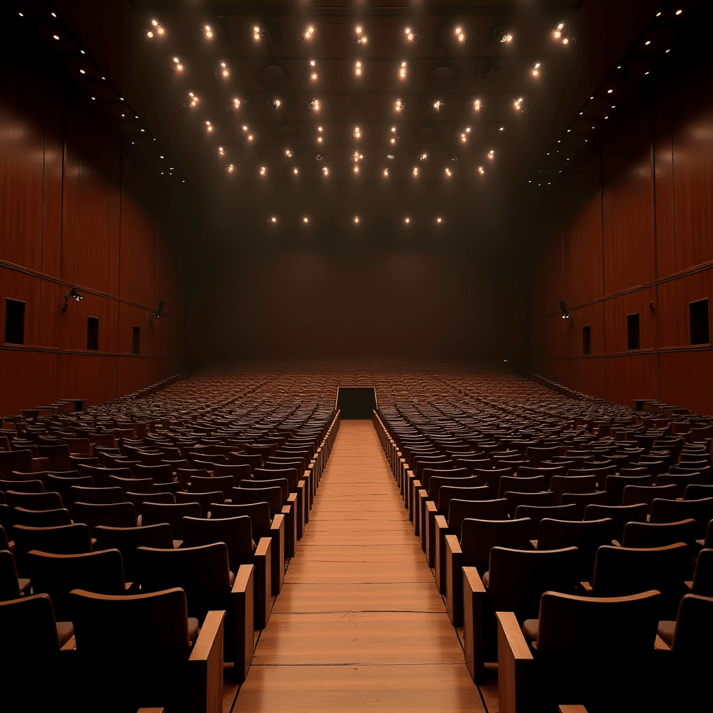 A large, empty auditorium with many rows of seats and lights illuminating the ceiling.