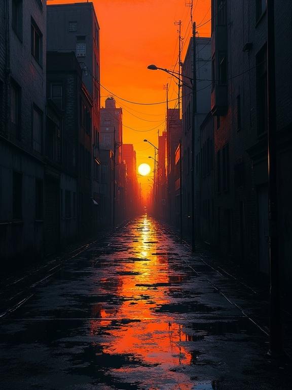 A futuristic cityscape painting shows an empty alley at sunset. The sun sets at the end of the alley. The street is wet, reflecting colors. Harsh paint strokes highlight the scene. Unique silhouettes form in the background. Visually peeling elements reveal layers of abstraction.