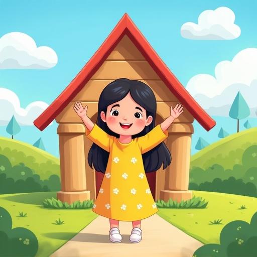 Colorful cartoon-style illustration for a children's book cover. A young girl wearing a yellow dress with small white flowers. She stands joyfully in front of a house with red roof and pillars. The scene has green grass, cartoon trees, hills, and a blue sky with clouds. Includes subtle Islamic patterns. Space for title at the top.