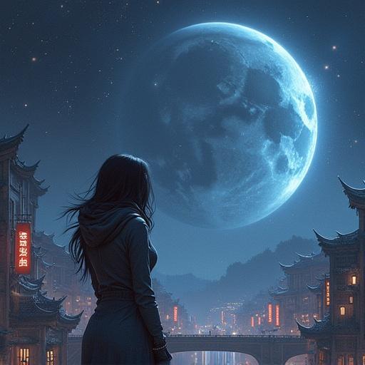 Blue starry background with a meteor shower. A girl with braided hair and white cat ears stands on a cliff. A star tied to her braid. Her eyes are blue-purple with sparkles. She has a faint smile holding a plush dog. Wearing a long dress transitioning from blue to purple with a large blue bow and a white rabbit belt. Fireflies surround her.
