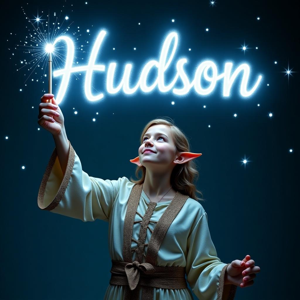 An elf writes names with a magical wand. 'Hudson' in glowing text against a starry background. Dark setting highlights white and light blue letters. Scene evokes magic and wonder, inviting viewers to a fantasy world.