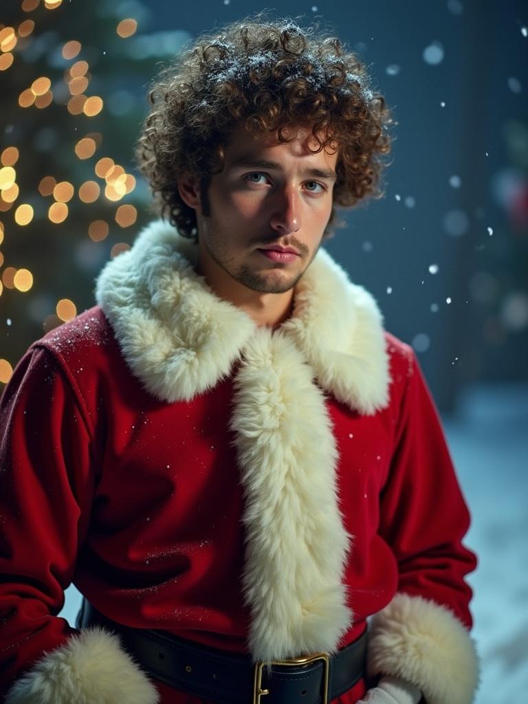 Image features a young curly person dressed as Santa Claus on a snowy night. Soft light and festive mood. Christmas theme with a holiday greeting.