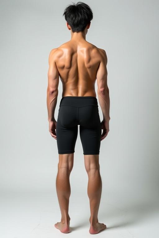 Image shows a standing young male model. He has a toned muscular body. He wears snug short shorts. His legs display strong muscles. Focus is on physical fitness and athleticism.