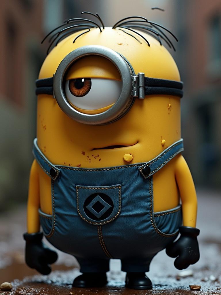 A cartoon character resembling an evil minion. Character is yellow and has one large eye. Wears blue overalls with black gloves. Features a mischievous expression. The setting is an alleyway with a blurred background.