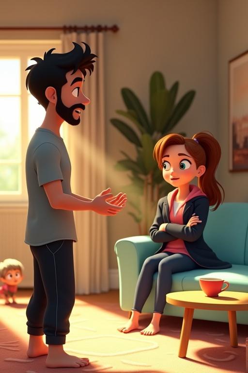 A cozy modern living room. A husband with tousled black hair and a beard stands barefoot, animatedly explaining himself. His worried expression contrasts with his seated wife in a navy trench coat who looks upset. Both have stylized features typical of Pixar animation. A young girl peeks nervously from the hallway. Afternoon sunlight casts dramatic shadows. Unused cup of tea on a coffee table. Rich colors and bold emotions.