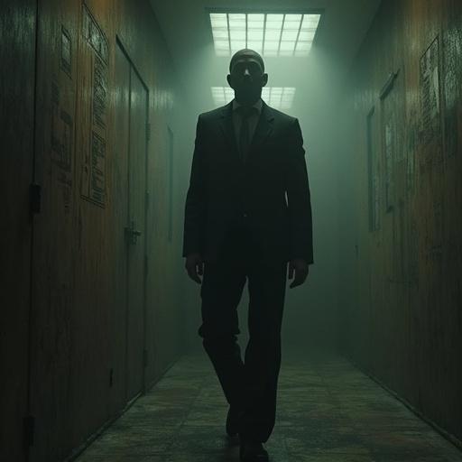 A tall, charismatic character resembling SCP 049. The figure is 2.10 meters tall, wears a sharp suit and tie, has a rusty, grimy mask. Hair is a stylish, wavy cut in brown. Gloves on hands. This character randomly quizzes people and rewards correct answers, punishing wrong ones with instant consequences. The atmosphere is ominous and foggy in a corridor.