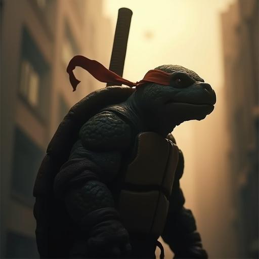 A blurred silhouette of a Ninja Turtle against an urban backdrop. The turtle has a bright orange bandana and a shell. Soft light creates dramatic shadows.