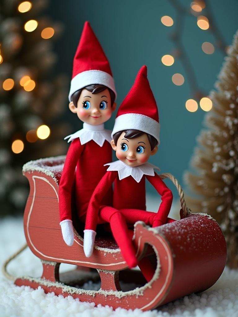 Two elf figures sitting on a red sled decorated for Christmas. The background features warm lights and a snowy setting. Focus on the joyful theme of the holiday season.