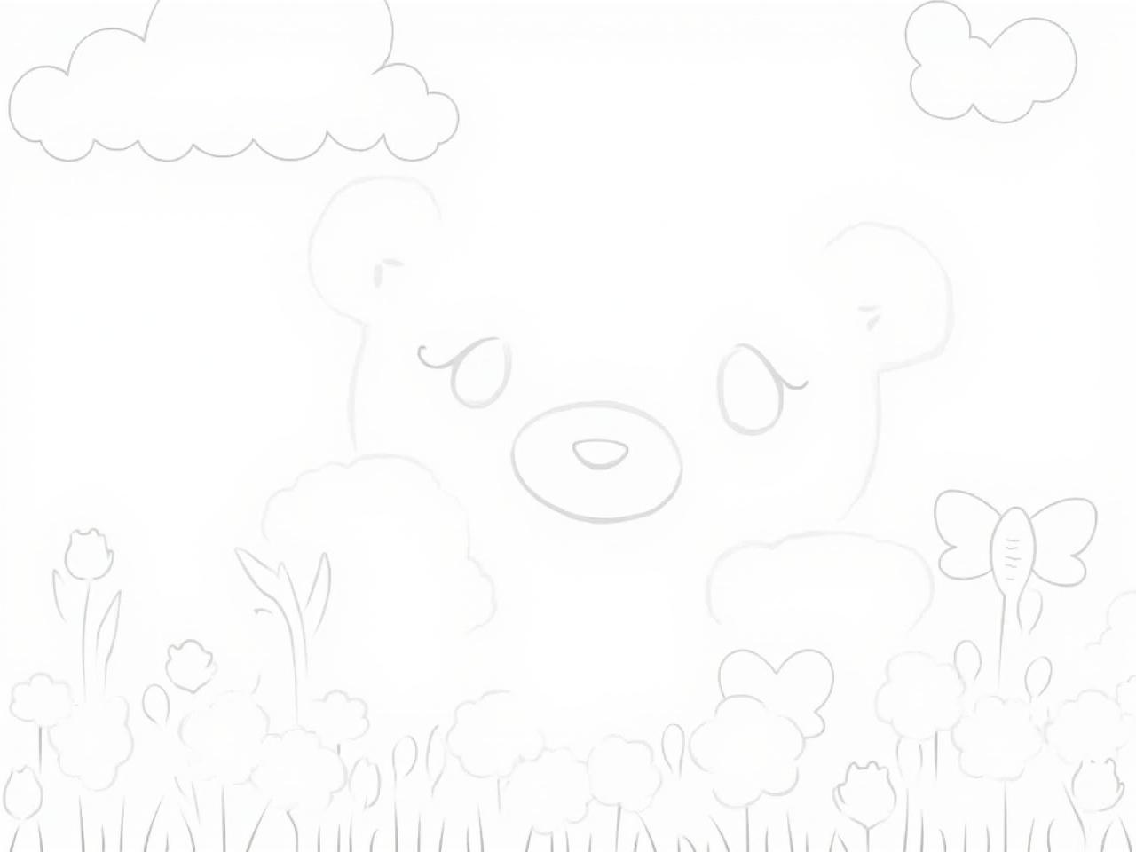 This image features a cute cartoon bear with large eyes and a small smile, outlined in black for coloring. It is set in a meadow filled with simple outlines of flowers and butterflies, creating a joyful atmosphere. The bear's round face is highlighted, ensuring it is child-friendly and appealing. Above the bear, fluffy outlines of clouds complete the cheerful scene. The overall design is made for young kids to enjoy coloring, fostering creativity and playfulness.