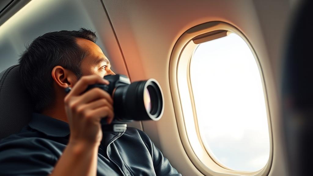 A person with a camera capturing the view from an airplane window.