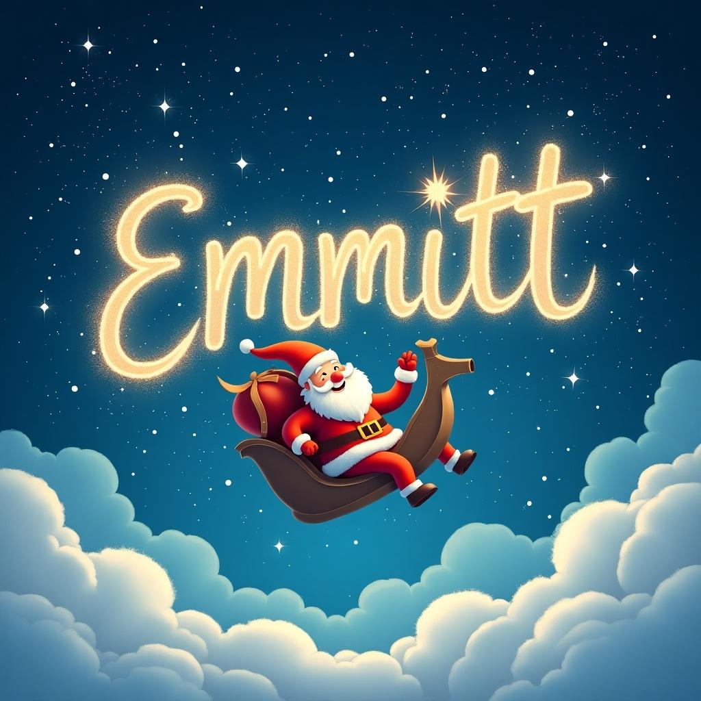 The image depicts Santa Claus joyfully writing the name 'Emmitt' in sparkling letters across a nighttime sky. He sits in his sleigh, surrounded by fluffy clouds. The background is a rich sky blue, dotted with bright stars, creating a magical atmosphere. Santa is clad in his traditional red and white attire, looking cheerful and festive. This illustration captures the joyful essence of the holiday season, perfect for spreading cheer and personalization.