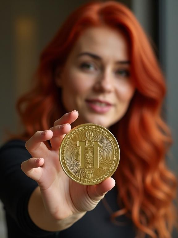 A woman with red hair is discussing the cryptocurrency HESTIA. She holds a coin displaying the name HESTIA and a flame symbol.