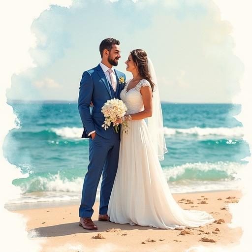 Watercolor painting of an Arabic wedding card. Happy bride and groom standing together by the seashore. Design features Arabic ornaments. Colors are joyful with a dreamy quality. Image captures a long shot with less detail on faces.