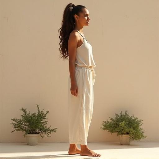 Indian female model with light brown skin. High ponytail with medium length brown hair. Standing naturally on light beige floor. Neutral beige wall in background with small green shrubs. Soft natural light creates a warm aesthetic.