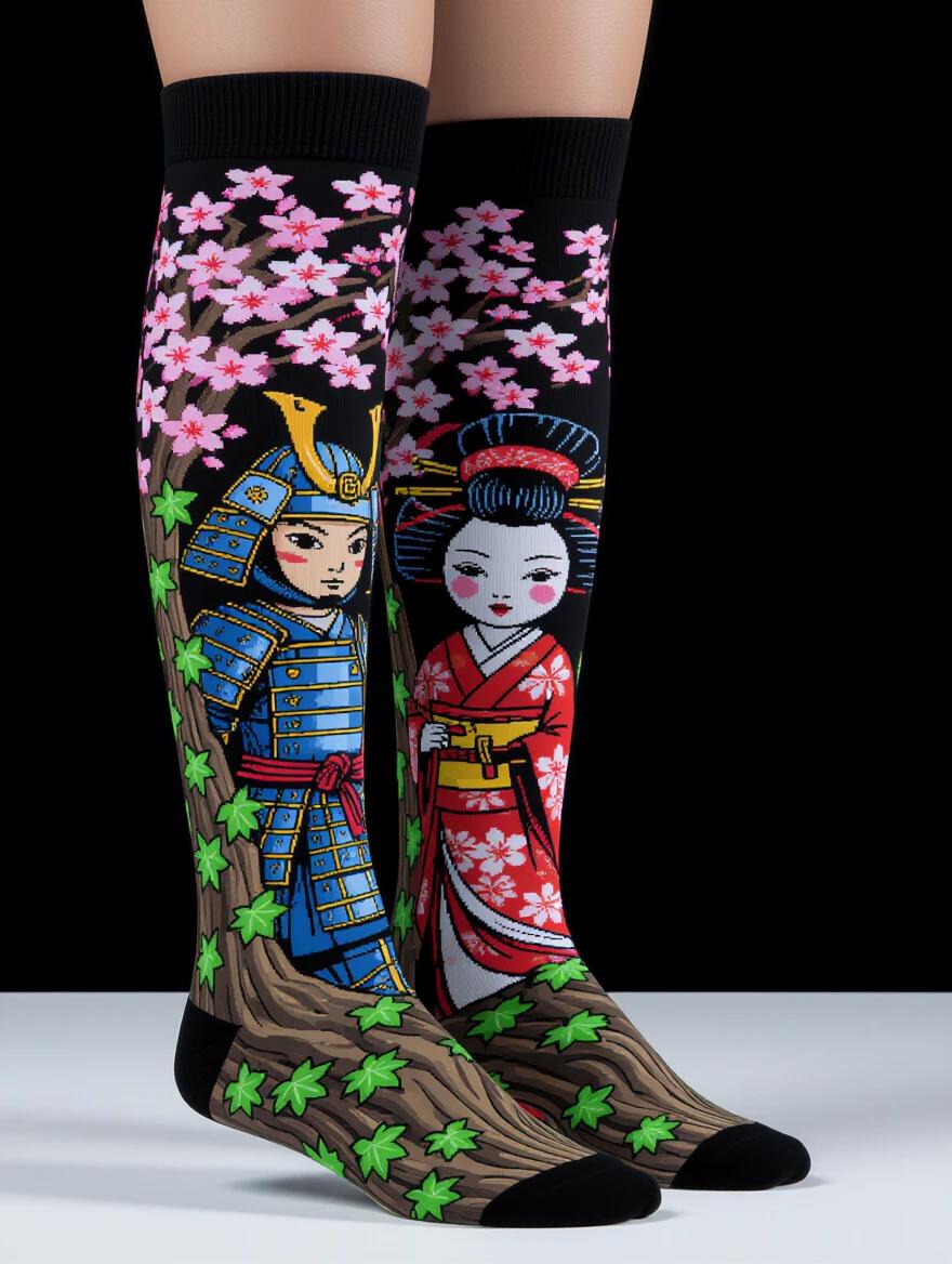 Close-up view showcasing stylish thigh-high socks with intricate samurai and geisha illustrations. Features vibrant colors including reds and greens. The background is solid black to emphasize the socks' designs.
