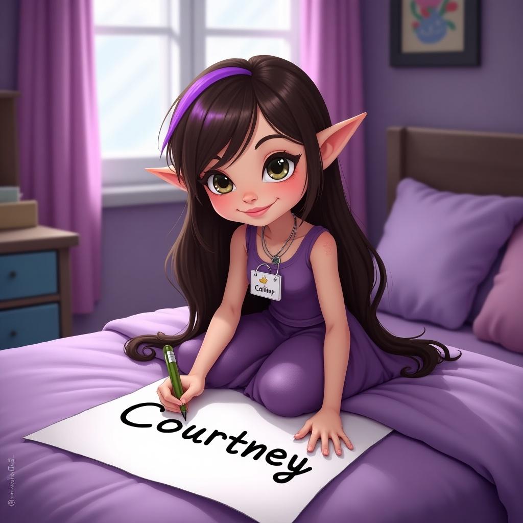 A female elf with brunette hair and purple streaks sits on a purple bed in a girl's room. She is writing the name 'Courtney' on a large piece of paper placed on the floor. The elf is smiling and has a name tag that reads 'Calliope'. The room is decorated in shades of purple, creating a whimsical and cozy atmosphere. She embodies a cheerful and imaginative spirit, inviting viewers into a fantasy world. The soft lighting enhances the warm and inviting feel of the scene.