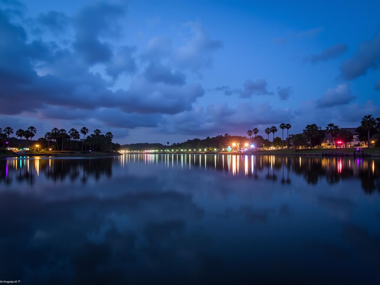 The image shows a serene lake at dusk. Low-hanging clouds are gently scattered across the sky, reflecting shades of blue and purple. On one side of the lake, there are silhouettes of tall palm trees, creating a tropical feel. The water surface mirrors the colorful lights from nearby structures, giving a harmonious glow. The atmosphere is peaceful, likely representing a quiet evening by the water.